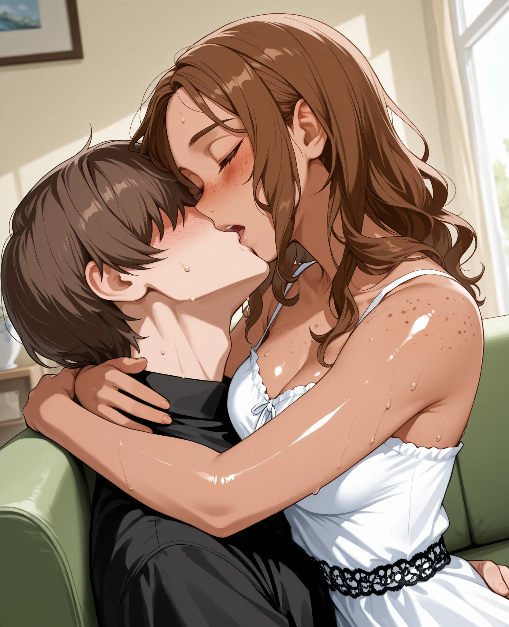 score_9, score_8_up, score_7_up, 1woman, solo, hair, closed eyes, white milky porcelain skin, white-skinned female, freckles, long wavy brown hair, lovely medium breasts, perfect body, black lacy sundress, sweat, female organism, open mouth, looking at viewer, head tilt, nose blush, blush, indoor, living room, day time, shiny skin, against couch, sitting , upper body, 1woman, 1boy (faceless, face on girl's face,
intense kiss, deep kiss, kiss ), hug. Dutch angle.