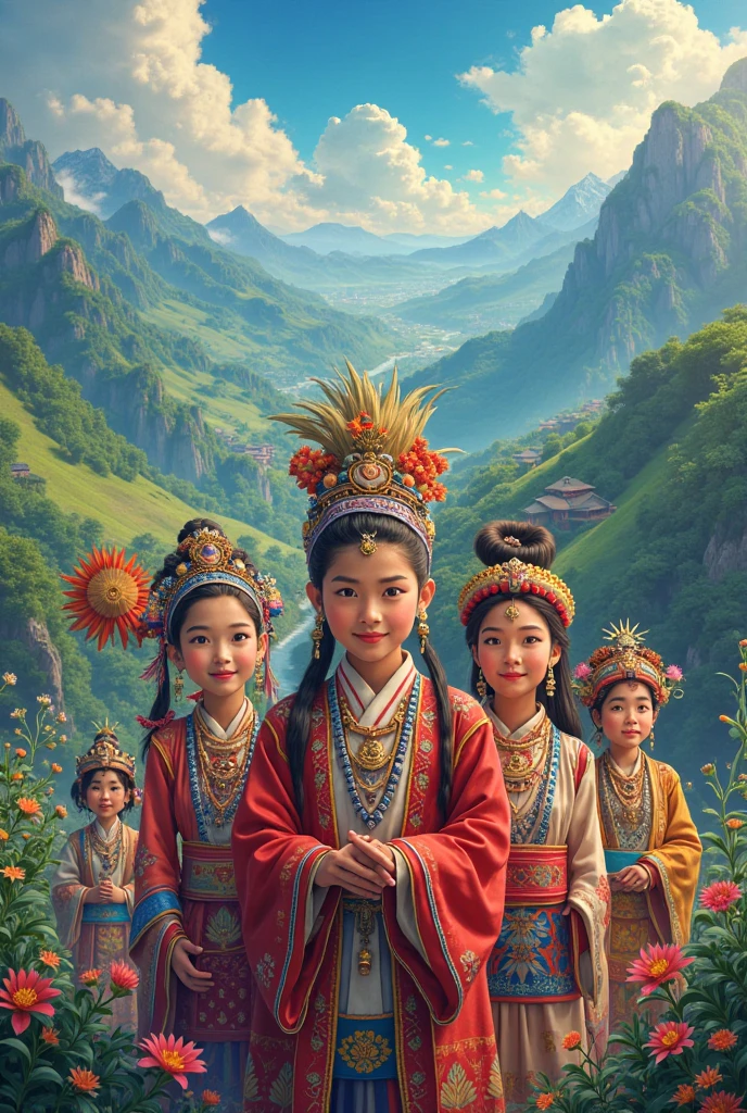 there are three girls that are standing together in front of a colorful umbrella, a beautiful artwork illustration, by Victor Nizovtsev, official artwork, thailand art, official art, illustration art, inspired by Victor Nizovtsev, festival of rich colors, indian art, beautiful avatar pictures, beautiful painting of friends, art cover illustration, an indonesian family portrait, colorful art
