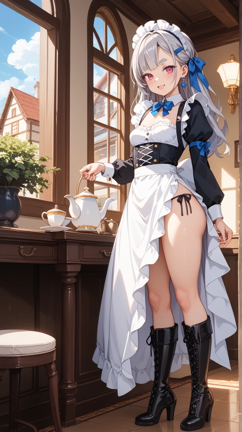 (masterpiece, Highest quality), (Ultra-high resolution, 8k RAW photos, Photorealistic:1.5, Fabric Shading, Thin contours), Beautiful mature woman preparing a tea party in the garden, (Tea set, you can, Tea cup, Some cakes on a plate), Gothic Table, (伝統的なダークブラウンのMaid clothesを着用, Maid clothes:1.2, Long Flared Skirt, apron), tall and leggy, Long white hair, Wearing borderless grass, (Mature Woman:1.5, 37 years old, alone), ( Tight waist), (Long white hair, Hair on one eye, Updo, Side Lock, Asymmetrical Hair, Wavy Hair), (Bright Eyes, Fine grain, A face with attention to detail, perfect face shape, Bloodshot eyes), (A seductive smile, Half-close your eyes), (Looking at the audience:1.3), (Dynamic Angle, Thigh focus, From side to bottom:1.2), ((Correct Anatomy:1.5, The right move)), (Ideal body proportions), Outdoor, Glass Garden, ((Garter Stockings))((black thong))