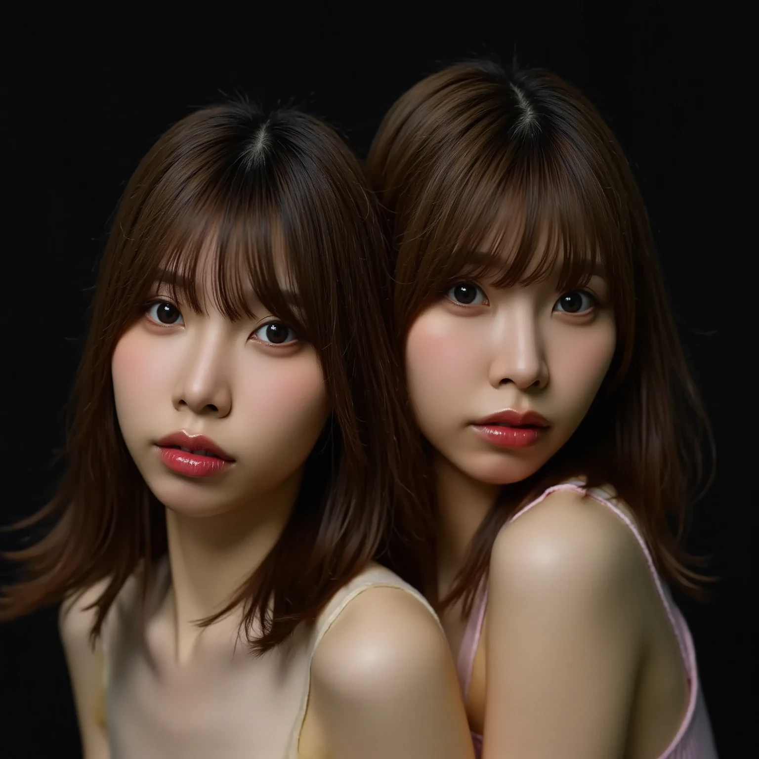 (Highest quality, 4K, 8k, High resolution, masterpiece:1.2), Very detailed, (Realistic, photoRealistic, photo-Realistic:1.37)、Two Girls、Japanese、(Hair Color：Random)、(Hairstyle：Random)、(Kissing)、Big Breasts、Photographed from the waist up