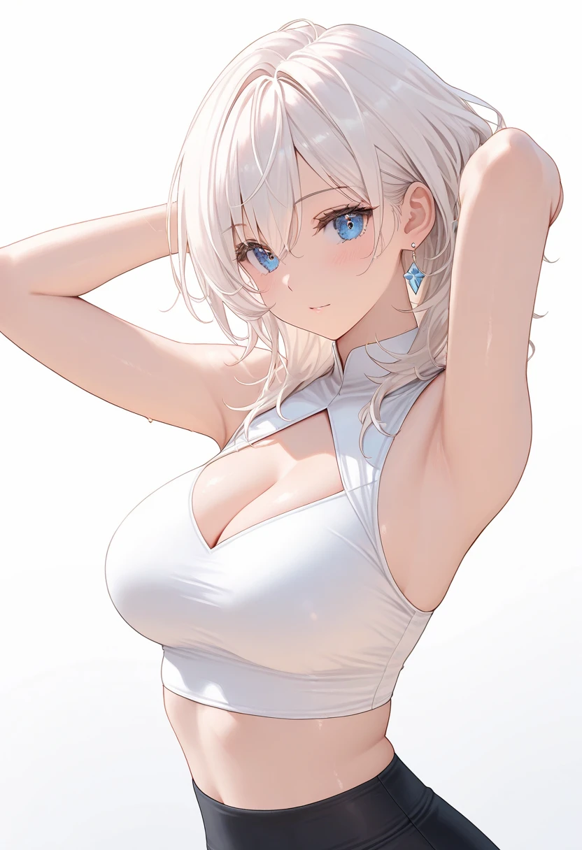 high color saturation、masterpiece、highest quality、High resolution、very delicate and beautiful、beautiful breasts、woman1people、((woman1people、solid color background、hair length、Greige hair、thick legal clothing、skirt、black sports bra))、Huge 、off shoulder、cleavage、bbw、