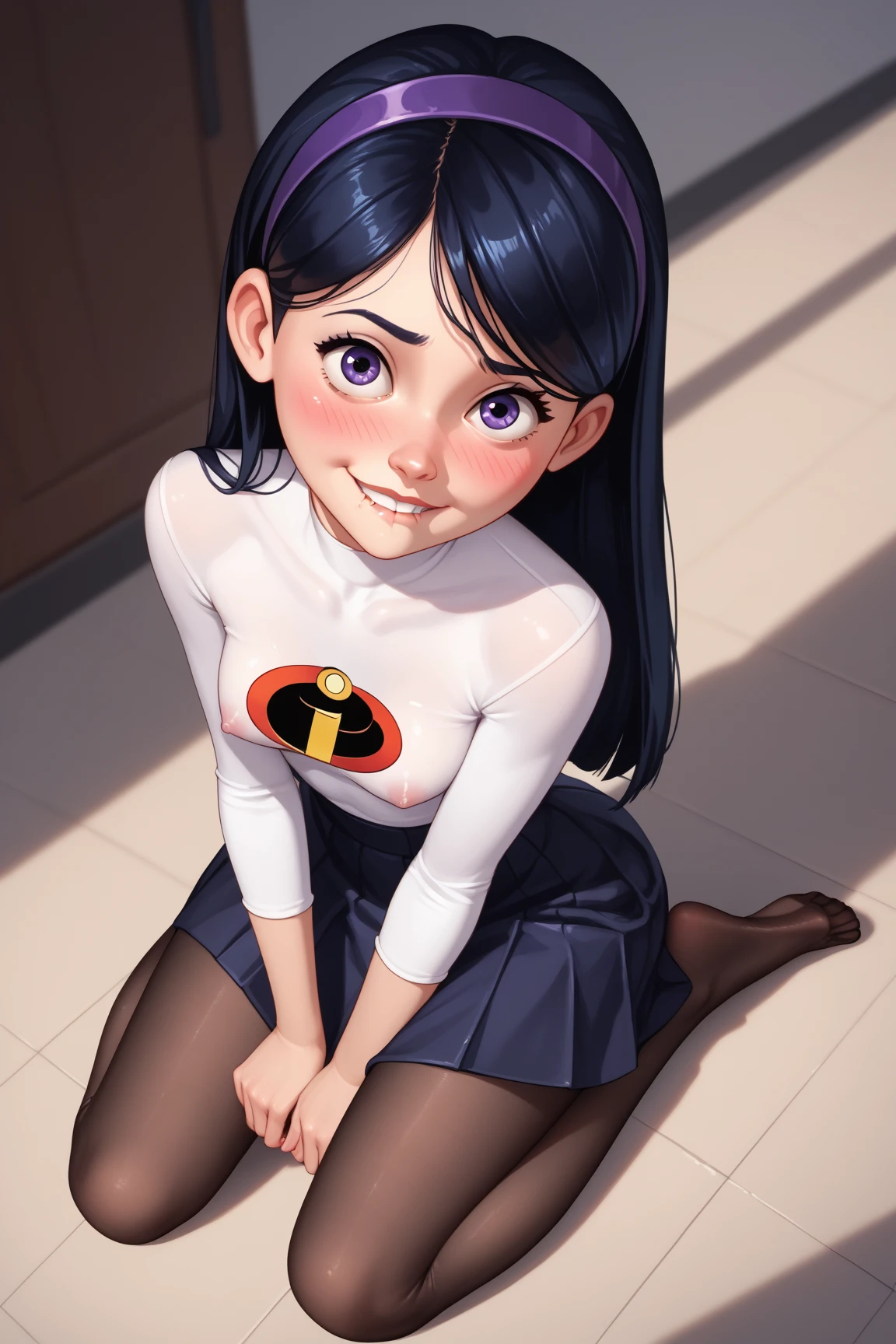 xyzviolet, 1girl, long hair, beautiful, masterpiece, portrait, closeup, clothes from the incredibles, shortminiskirt, 4k, beautifull feet, sexy , large breasts