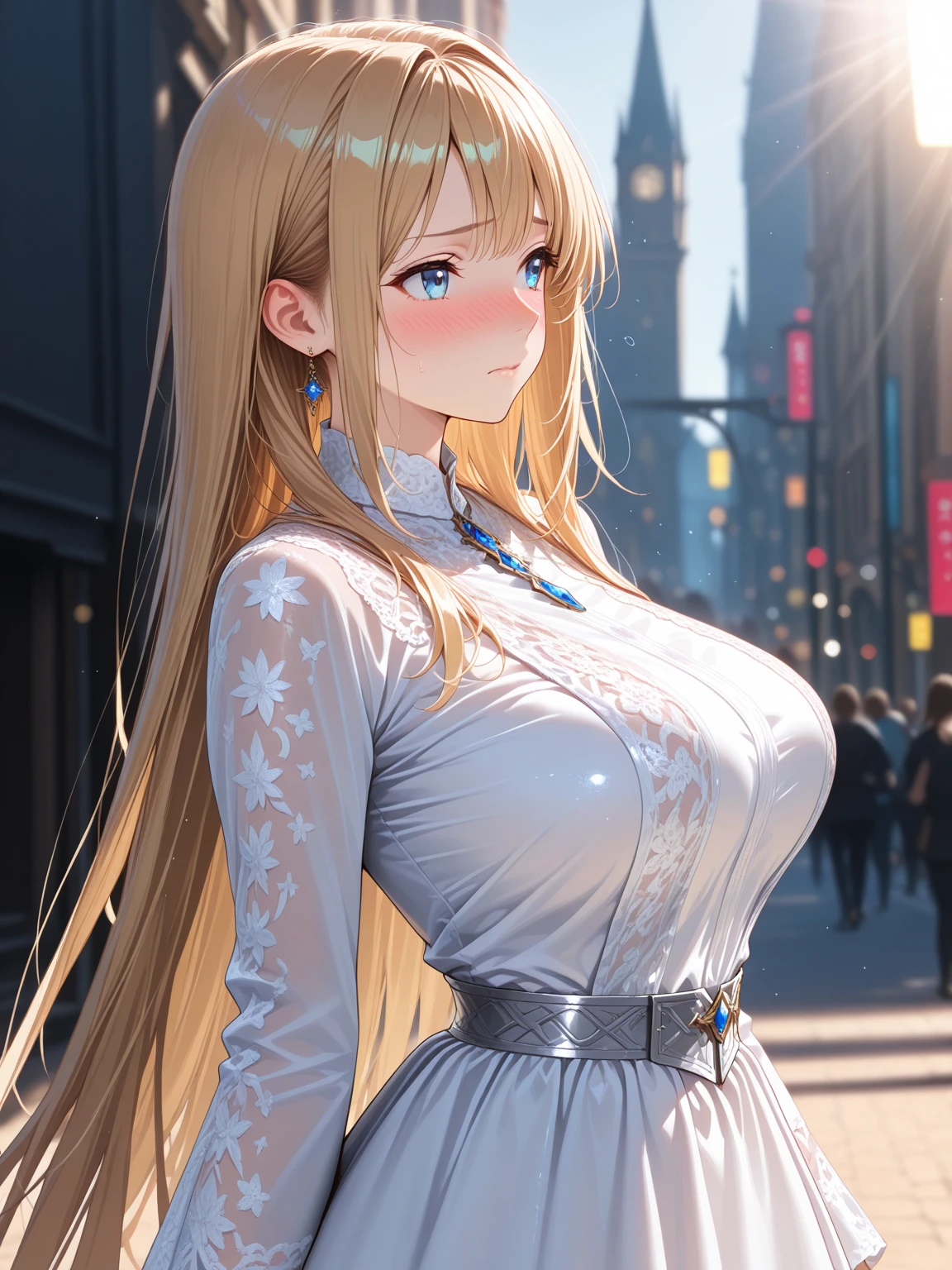 Anime Kawaii sexy Perfect Slim sensual body large breast and huge thighs, An intricate and highly detailed illustration of anime (Young girl) a beautiful young girl with long blonde hair, wearing a short dress, standing on a city street, gorgeous, high quality, pixiv style, (best quality,4k,8k,highres,masterpiece:1.2),ultra-detailed,(realistic,photorealistic,photo-realistic:1.37),HDR,UHD,studio lighting,ultra-fine painting,sharp focus,physically-based rendering,extreme detail description,professional,vivid colors,bokeh