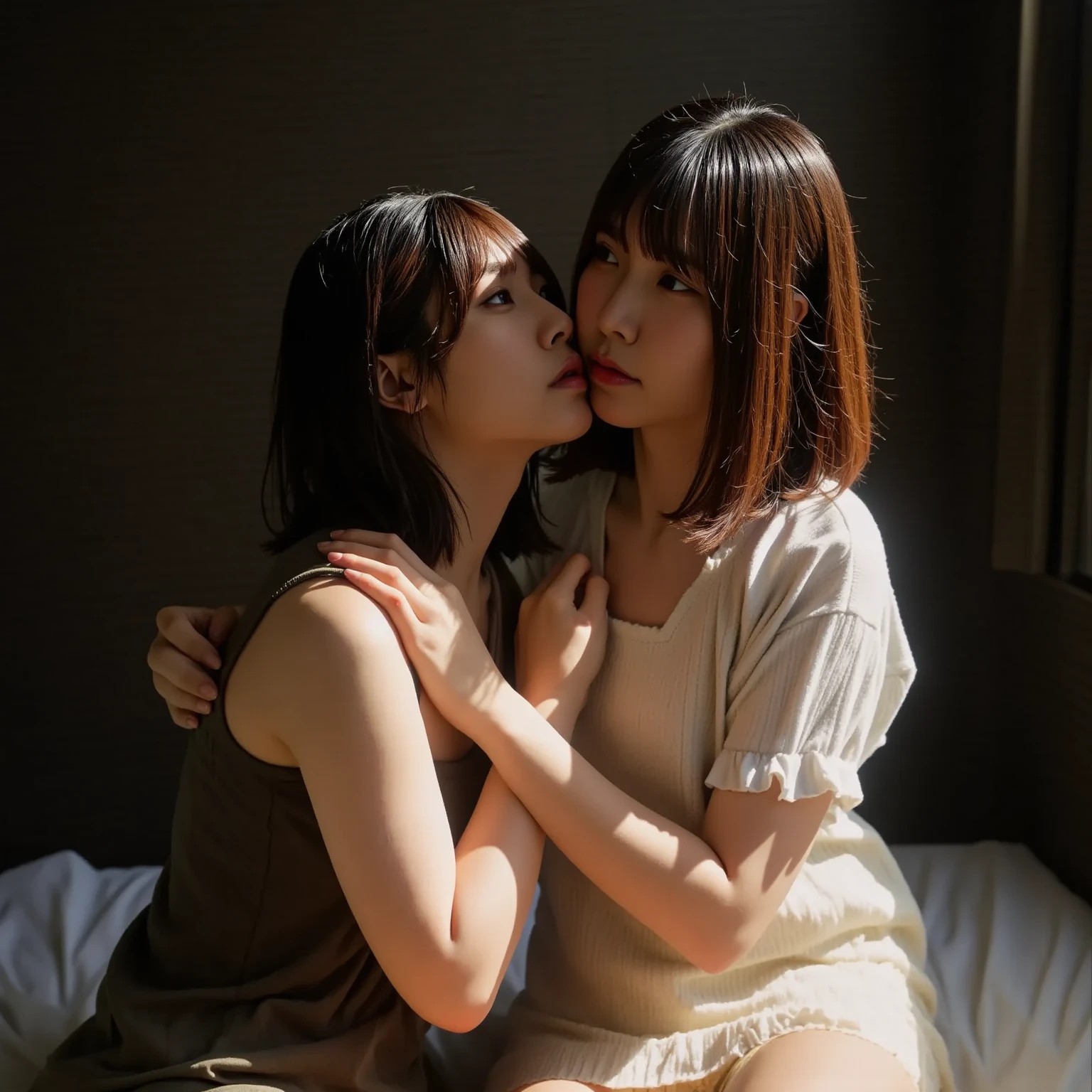 (Highest quality, masterpiece, Ultra-high resolution, (Realistic:1.4), RAW Photos, Depth of written boundary, Professional Lighting, Perfect ???????, Very detailed), ((Lesbian couple, 15 year old Japanese idol and 35 year old Japanese actress, (((kiss, In a dimly lit bedroom, Embrace))))), Both of us are full of happiness, They're both wearing matching pajamas, Very romantic atmosphere
