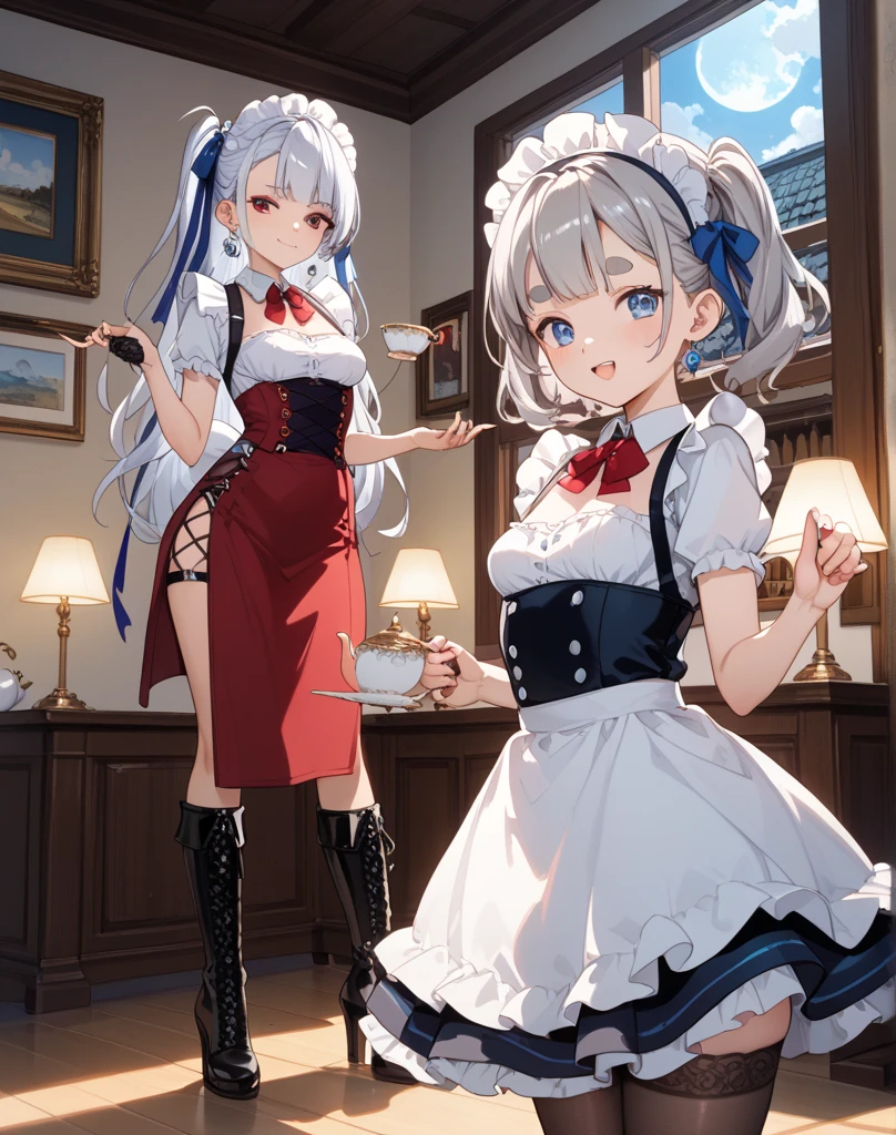 Anime girl sitting on the floor with vacuum cleaner in hand, splash art anime loli, gorgeous maid, clean detailed anime art, anime moe art style, the anime girl is crouching, beautiful anime girl squatting, maid clothes, (SFW) safe for work, clean anime art, loli in dress, Rin, marin kitagawa fanart, Smooth Anime CG Art