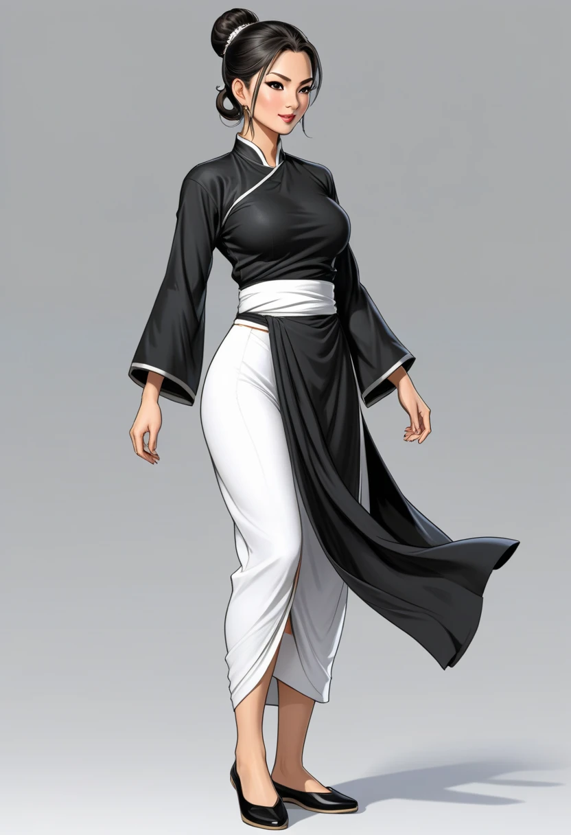 valorant, ((Sage)), game character, beautiful, ((black and white outfit)), (((saree))), big size breasts, cleavage, black long hair, ponni style hair, standing, full body, head to toe