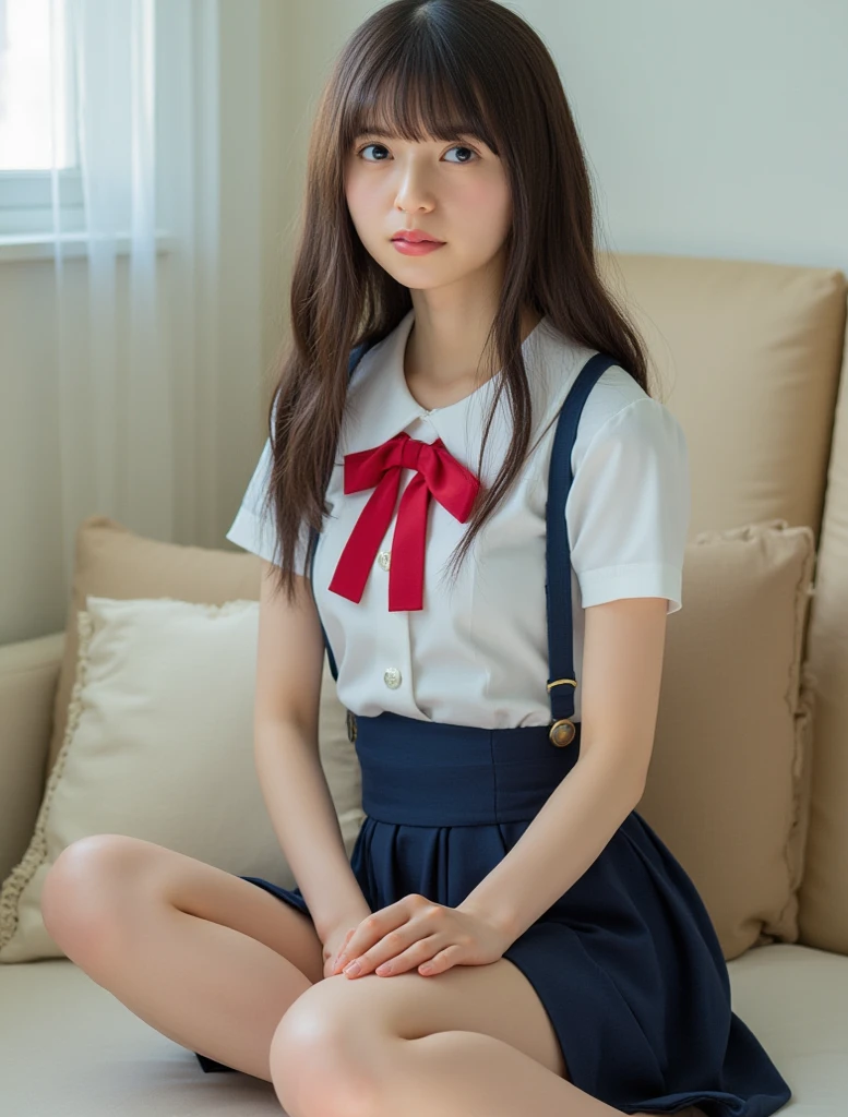High angle shot、Center View、Asian woman in a short skirt and bow tie sitting on a train、Cute school girl、Japanese girls uniform、Wear Japan 、Japanese 、Surreal 、Dressed as a high school girl、Surreal 、Wearing a uniform、Realistic high school girl、Girl in uniform、Wearing a uniform、 stop temporarily、Ezvian everywhere、Beautiful Skin、Glowing Skin、Nice thighs、Shining thighs、Shining Legs、barefoot , Japanese High School 、Nogizaka Idol、Korean Idol