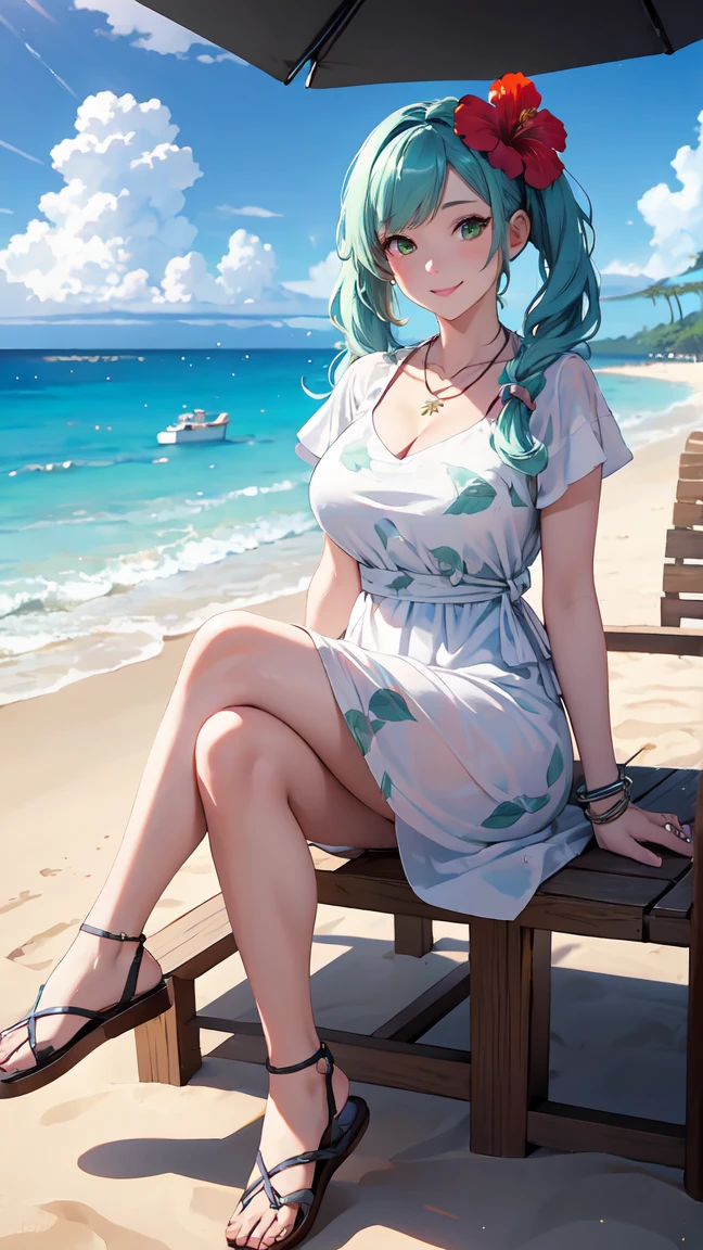 atmosfera sombria motor gráfico engine 5 ful hd 4k 100 lines art Elza frozen power Fenix + Bulma elf sexy seios pequenos e empinados slim with long aqua short silver withe neon hair lounges on a beach towel under a colorful umbrella. She wears a black + red maio with frills and a sheer, olhos azuis lindos decorated cover-up, appearing relaxed while using a laptop. The background features a tropical beach scene with palm trees, soft waves, and a clear blue sky dotted with clouds. Sunlight glistens on her skin, and a glass with a drink sits nearby.