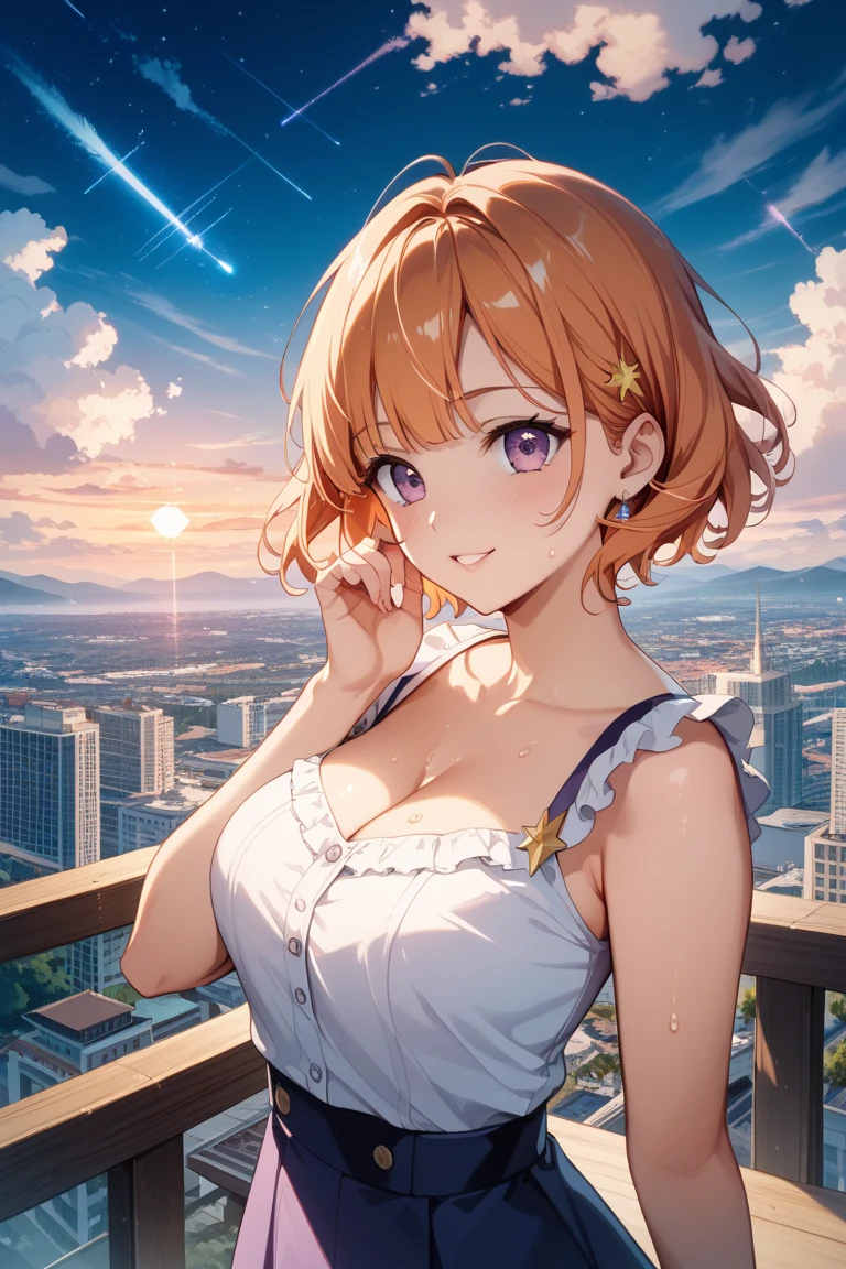 (masutepiece, Best Quality), (Real Photographics, Intricate details), (PM, Sun, Sunny) Road junction, Embrace the sun, The sun hits the body, eyes slightly closed. (1 girl, messy short gray hair, Embrace the sun, Raised chin of a smile, Side face) spreading arms,