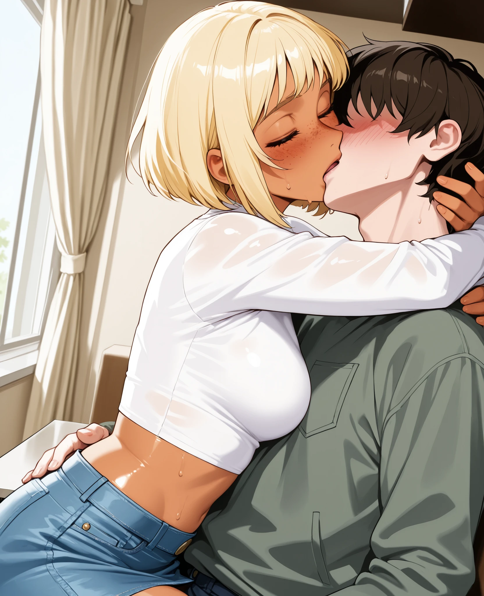 score_9, score_8_up, score_7_up, 1woman, solo, hair, closed eyes, white milky porcelain skin, white-skinned female, freckles, blonde hair in a short bob, lovely medium breasts, perfect body, white crop top with long sleeves, denim miniskirt, sweat, female organism, open mouth, looking at viewer, head tilt, nose blush, blush, indoor, living room, day time, shiny skin, against counter, sitting , upper body, 1woman, 1boy (faceless, face on girl's face,
intense kiss, deep kiss, kiss ), hug. Dutch angle.