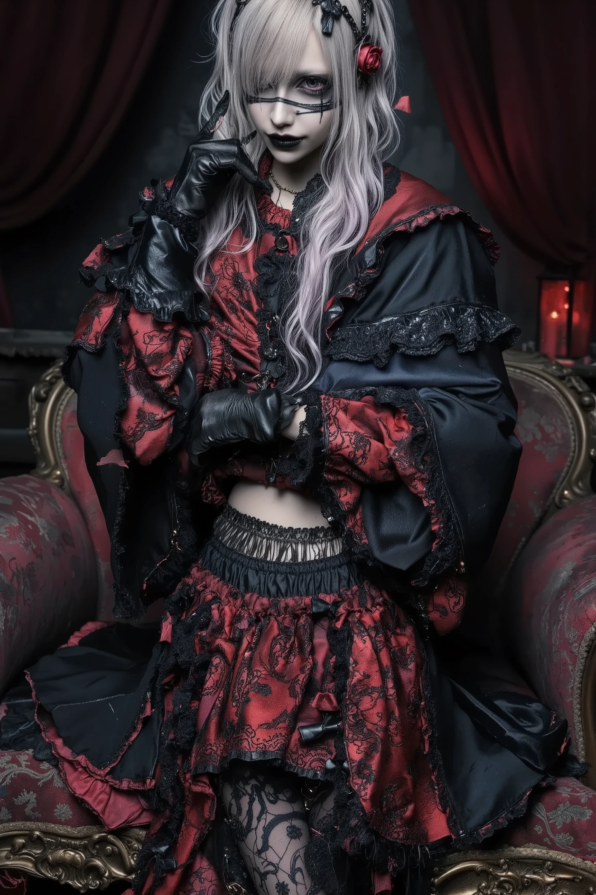 fashion portrait,artist photoshoot,1girl,silver hair,red and black dress,trim,pale skin,makeup,midriff,rose,goth,horror \(theme\),in victorian goth room,realistic photo,dramatic,