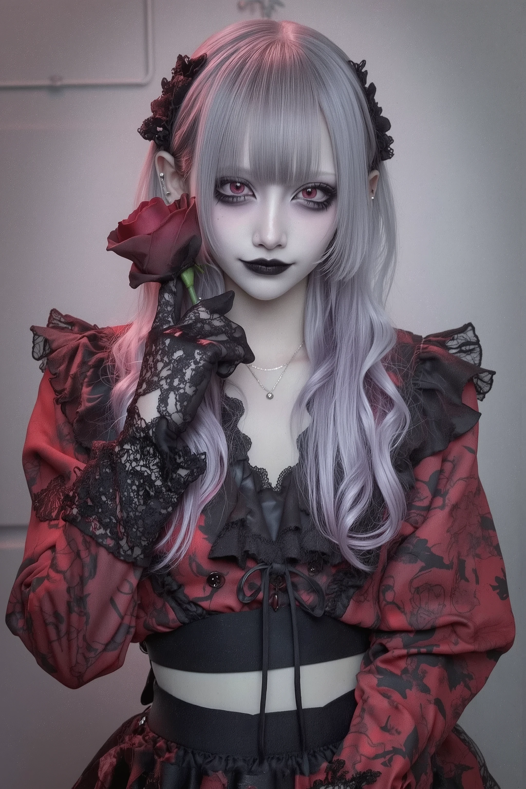 fashion portrait,artist photoshoot,1girl,beautiful face,silver hair,red and black dress,trim,pale skin,makeup,midriff,rose,goth,horror \(theme\),in victorian goth room,realistic photo,dramatic,cinematic lighting,