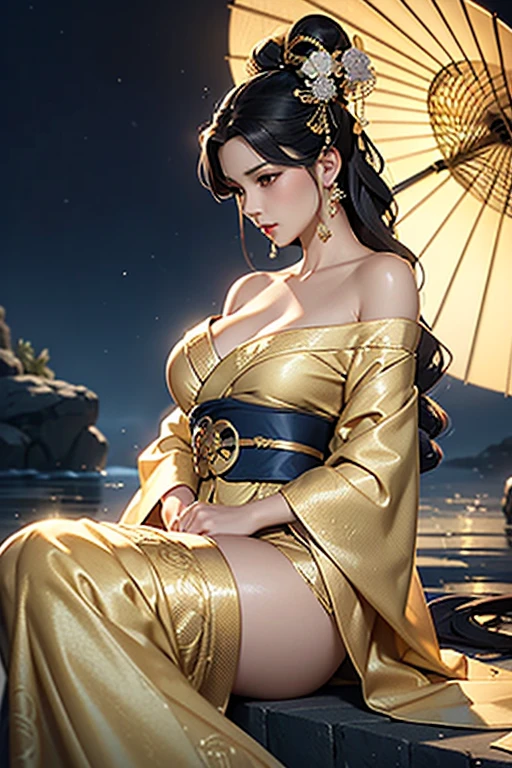 Beauty, sexy, bare breast, cleavage, bare legs, see-through, , Hanfu, wet, clear, realistic, highest detail, Chinese mythology, dragon pattern, phoenix, sacred, holy, countless palaces in the distance, clouds, golden light, golden lotus, huge pool (tianchi bathing), men peeping in the distance