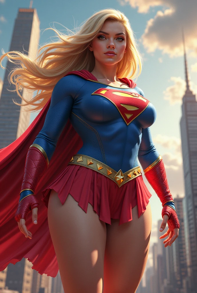 nijistyle, Cowboy shot of beautiful woman in Superman costume, the iconic red yellow and blue with a just wearing red panties, holsum and strong looking facial features, Long Blonde Hair, Heroic, cape, Particle, Clouds, skyporn, Red boots, Sexy hero Pose, large udder,