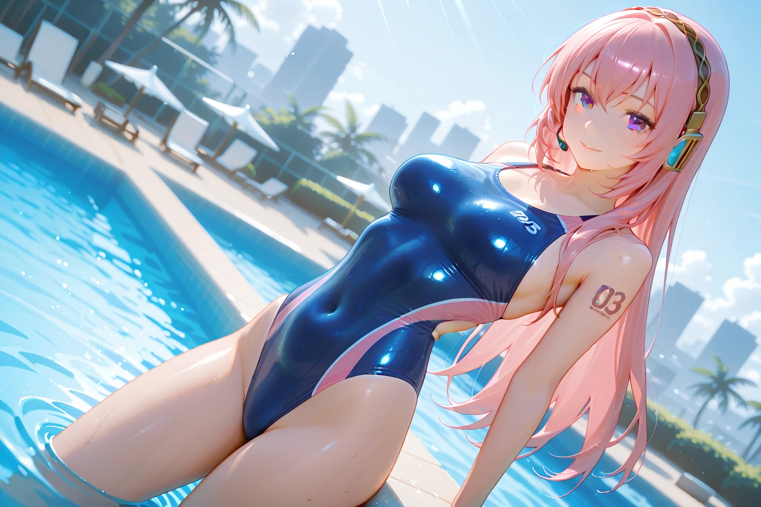 (masterpiece),(Highest quality)、(Very detailed)、(Very detailedなCG)、(Very delicate),(Perfect lighting),(8k)、(Dynamic Angle)、(Clear images)、Vibrant colors,woman、masterpiece、Highest quality、Written boundary depth、Cinema Lighting、masterpiece、Highest quality、Very detailed、colorful、Vibrant、Large Breasts、Thighature woman、alone、(masterpiece、Highest quality、High resolution、Anime Screen Capture、Anime Color)、(Perfect Anatomy、Beautiful attention to detail、Beautiful detail body、Beautiful breasts、Shiny)、Sexy mature anime woman standing outside in a swimsuit、((High Leg ))、performer、View your viewers、Side bangs、Pink Hair、The eyes are round、Long Hair、Side bangs、Large Breasts、Large Breasts、nsfw