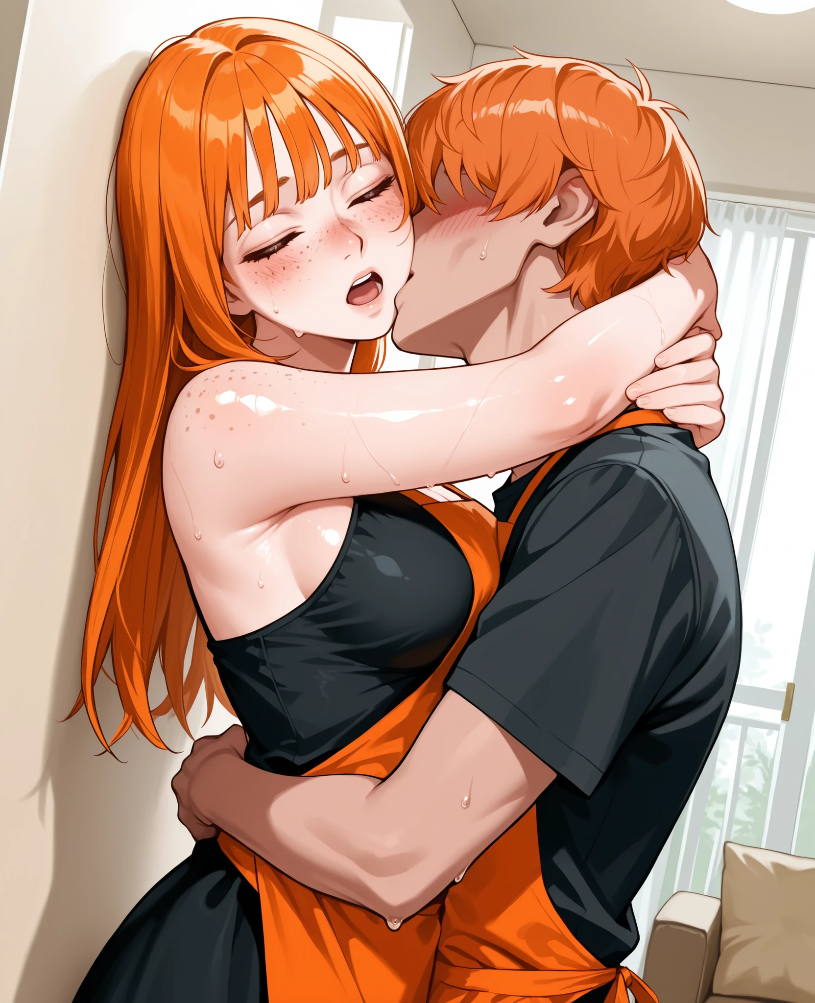 score_9, score_8_up, score_7_up, 1woman, solo, hair, closed eyes, white milky porcelain skin, white-skinned female, freckles, long straight orange hair with bangs, lovely medium breasts, perfect body, black dress, orange apron, sweat, female organism, open mouth, looking at viewer, head tilt, nose blush, blush, indoor, living room, day time, shiny skin, against wall, standing , upper body, 1woman, 1boy (faceless, face on girl's face,
intense kiss, deep kiss, kiss ), hug. Dutch angle.