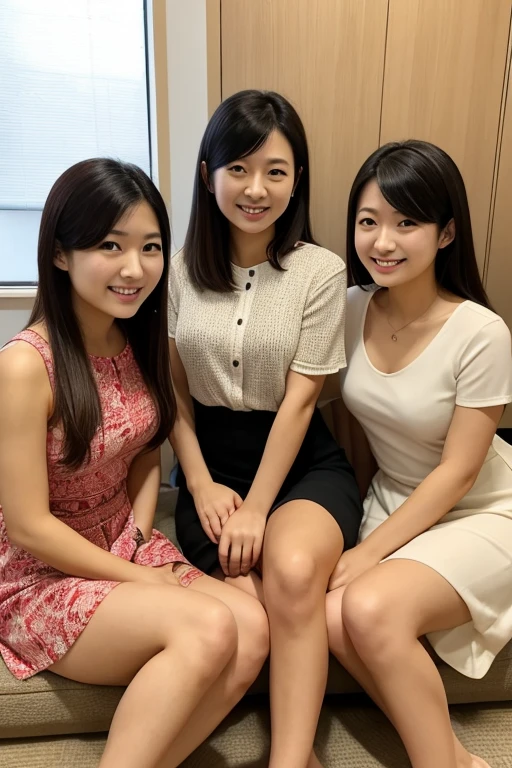 （8k、超High resolution、masterpiece、Anatomically correct、Textured skin、High resolution、Highest quality、High resolution、Professional Lighting、）Four happy girls were sitting on the stone steps, Take a full body photo、Laughing happily、彼女はyukataを着ていた, ビーチSandals,yukata、Sandals, Black Hair, detached houses, Flowers,Happy girl with round face, Big eyes, Long eyelashes, Full-body display、Small pubic area、pants、Detailed panties、Spread your legs、From directly below、pantsが見えてるよ、Open your feet wide、
