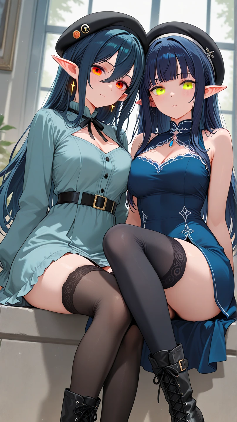 2 girls, 29 years old, twins, blue hair, hair in the same shade, the first lying on a couch and the second lying with her head enters the legs of the first, the second lying on the first, bodies together, both of large breasts, young faces, athletic legs, both with green eyes