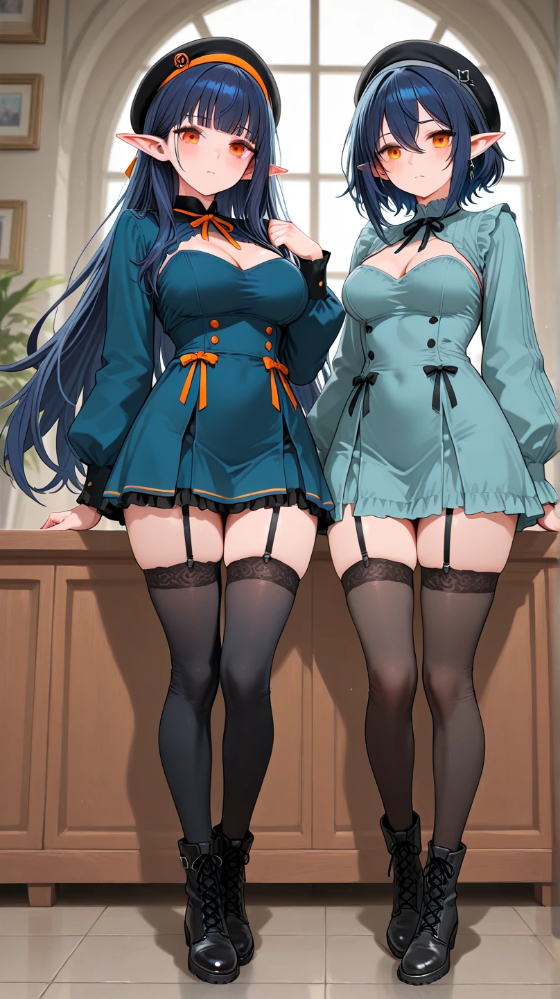 absurderes, 8K ,A high resolution, Ultra detailed, Beautiful, Masterpiece, Best quality, (Beautiful and delicate silver eyes), (3girl) ,Three sexy beautiful teens in office OL (Office Lady),white button-down blouse,There is a collar,Black Slit Skirt,(Black pantyhose),Long legs ,Detailed legs,High heels,Side ponytail , bangs,full bodyesbian,Big breasts,cleavage,Cyan hair,Blue hair,Pink hair,