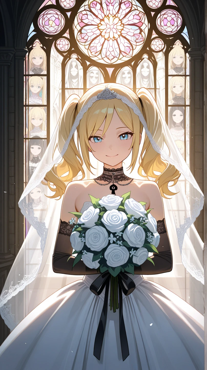 Wedding of a blonde princess and a prince in gorgeous wedding dresses In front of the crowd Fantasy Picture books watercolor