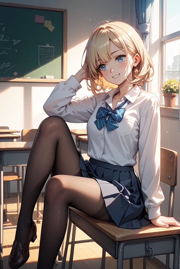 modest, Shy, Infinitely cute and beautiful, Athletic figure, Cheer up the sport girl 17 years old; blond with short hair, Small, neat elastic breasts; There is muscle relief; Big blue eyes, Long eyelashes, Blush slightly, Focused facial expressions; High school uniform (white shirt, Black skirt, pantyhouse, tie, shoes); Sitting at your desk, School Classroom, Many other girls, lesson, Soft light; Short-range, full-length photography; Anatomical realism, The is very detailed, High quality textures