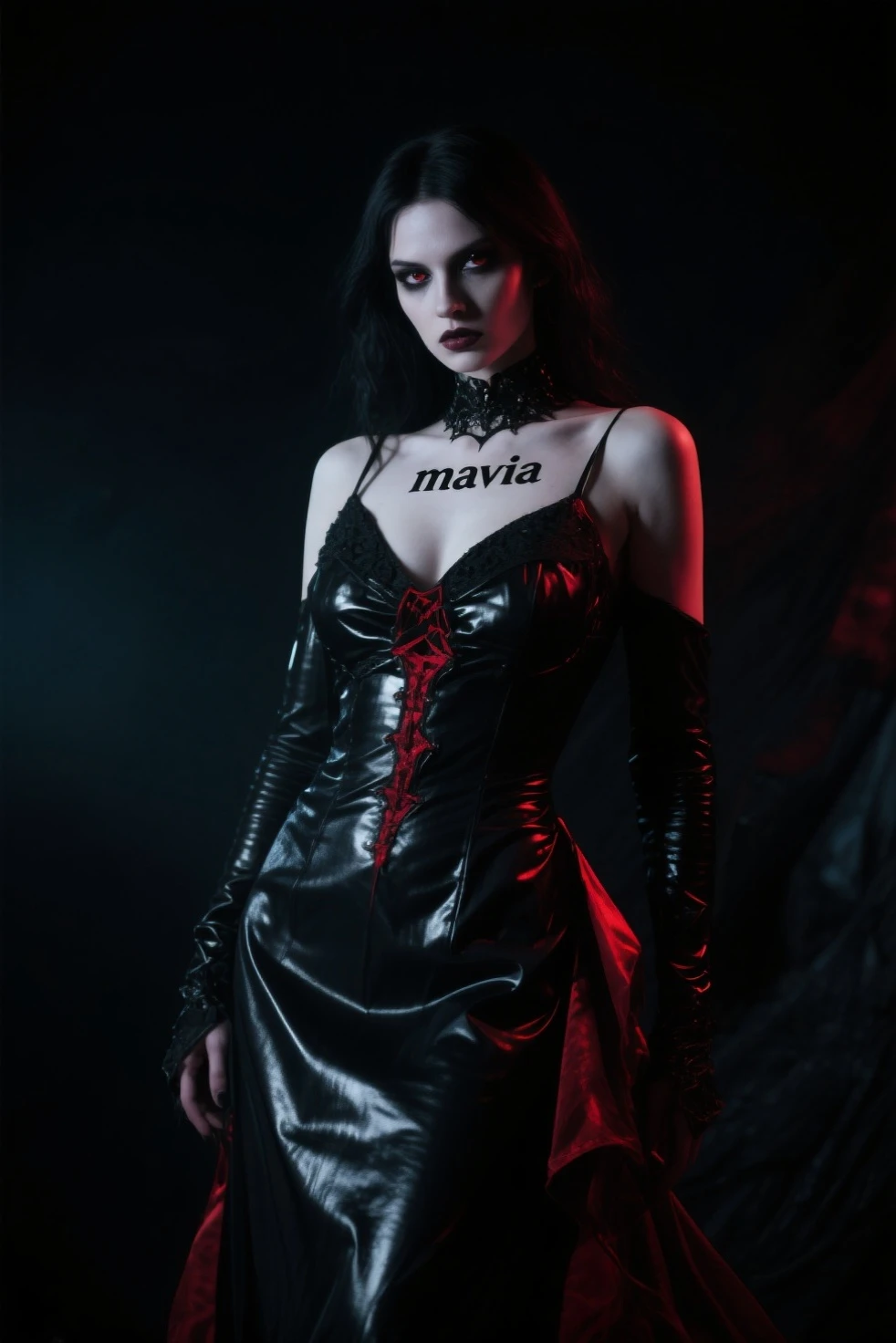 Slavic Demon evil slavic woman, pale skin, long dark blond hair, Dressed in a latex swimsuit, with a black peony in hand, posing for a photo, ((artistic model pose for photo)), red neon behind her, Gothic aesthetics, very beautiful goth top model, goth woman, The Queen of Dark Gothic, Gothic horror atmosphere, Dark Synth Vibrations, Dark and intricate, Gothic and futuristic, Latex Fetish, Gothic atmosphere, dark demonic dancer, ornamental gothic - cyberpunk, red lights, ultra detailed, hyperrealism, masterpiece, perfectly focused, f/22, symmetry and balance, artistic, infrared photography, outstanding details,