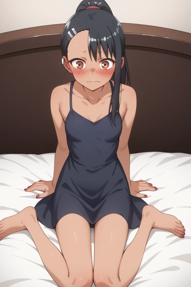 Zenko, 1girl, black hair, (sanpaku:1.2),hair ornament, hairclip, black eyes, short hair,indoor,bed room,Confused eyes,(pov:1.1),masterpiece, expensive quality,very_expensive_solve, big_file size, full color,(completely nude:1.2),pussy,niplles,flat chest,toddler,night,vaginal sex,teeth,closed mouth,
