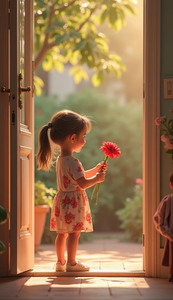 A girl holding a red roses in the hallway