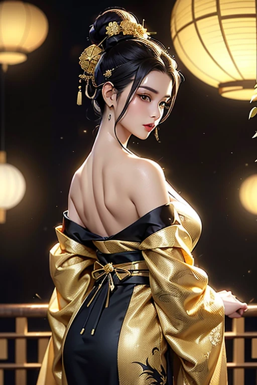 gorgeous oriental woman, black hair in an elaborate hairstyle, elegant embroidered kimono, sakura flower embroidery, gold details, full body shot, cleavage, bare shoulders, standing, large breasts, alchemist, strapless dress, vials
, potions, updo, blank background, white background, lulu, ffx
