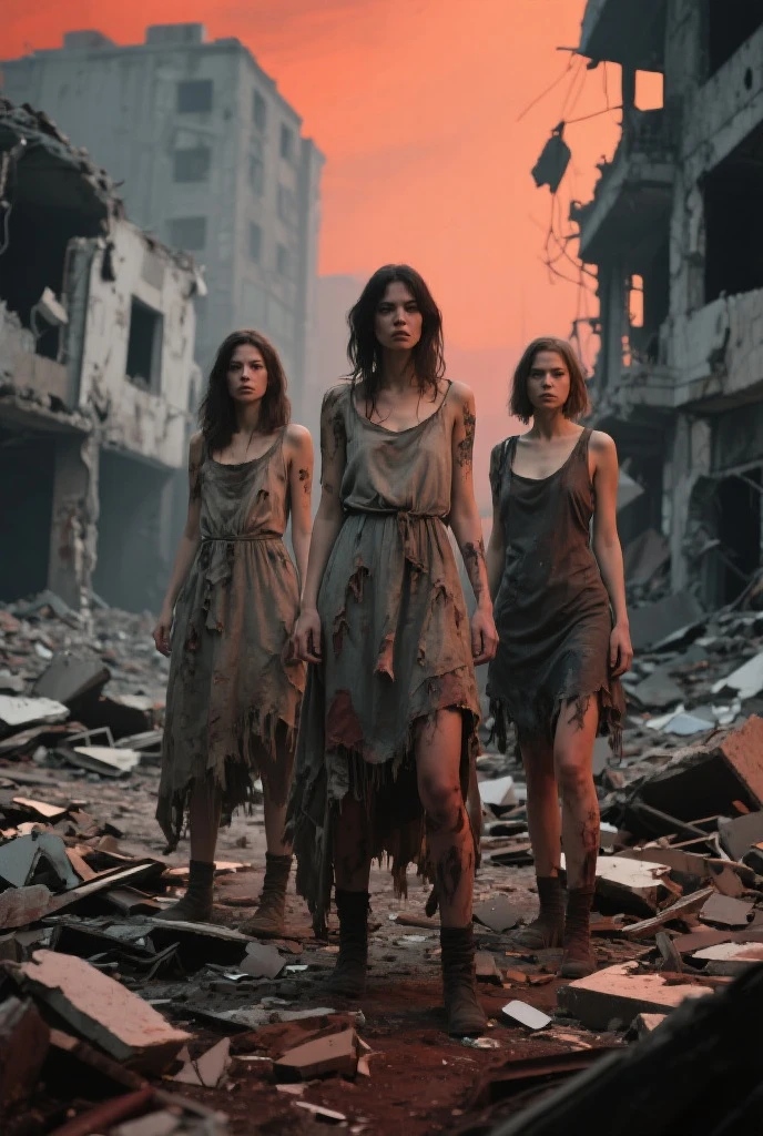 Five tanned women with very long hair stumbles through the streets of a ruined city with a naked wet upper body, and a bleeding gunshot wound in her left shoulder. An automatic rifle in her right hand, full of mud, blood, and wounds, and wearing a torn skirt. Explosions and fires ravaged the devastated city everywhere.