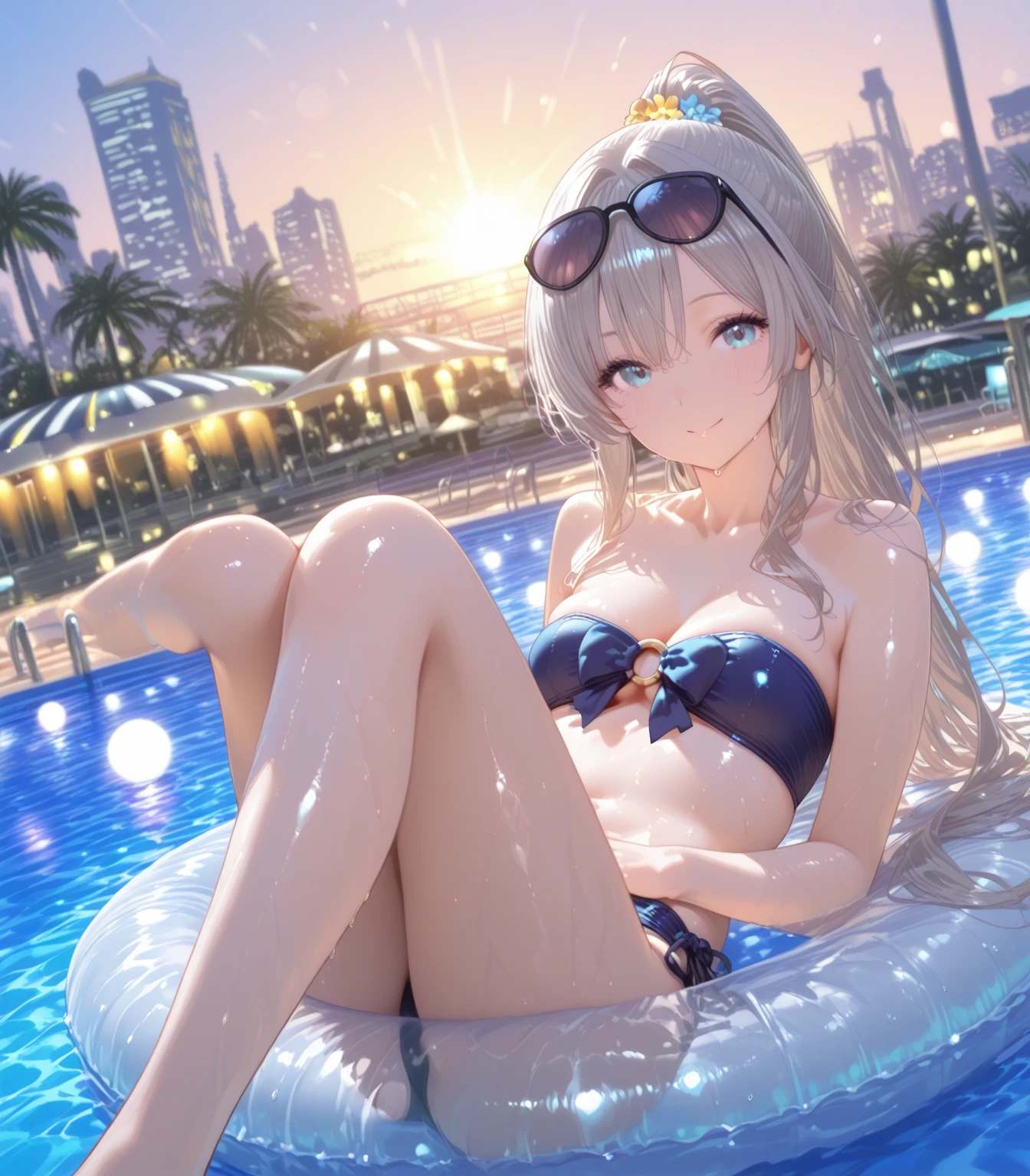 ((Best Quality)), (Ultra-detailed), ((Extremely detailed)), (Beautiful), ((Kawaii Girl)),(two side up hair).,Platinum Blonde Hair,Long hair, hair between eye, Wavy Hair, Long sideburns,Jade-colored eyes, White skin,Normal Chest,Slender body,Cross Halter Bikini,Sandals,background a pool, Night, Night view of New Tokyo City, Starry sky, Neon light,,Look Camera