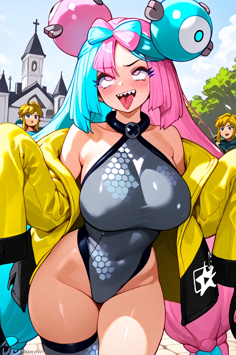1girl
solo
iono (pokemon)
multicolored hair
long hair
yellow eyes
character hair ornament
bow-shaped hair
sharp teeth, 1girl, long hair, white braclet, breasts, solo, necklace, latex stockings, latex armwear, slutty female, sexy pose, high heels, naked female, Bimbo, Big breasts, thong, dog collar, dominatrix, black lipstick 