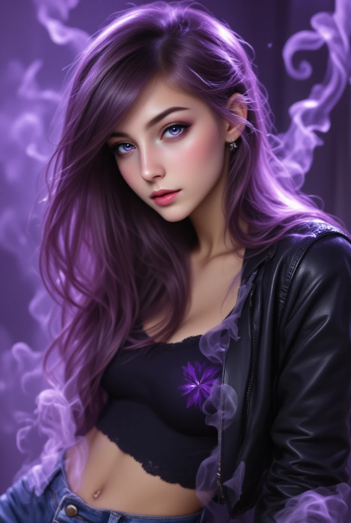 sexy girl, long purple hair, tight white tank top, jeans, black baseball cap,(best quality, 4k, 8k, high resolution, masterpiece: 1.2), ultra-detailed, (realistic, photorealistic, photorealistic: 1.37), details intricate, vivid colors, sharp focus, professional, surrealism oil touch, portrait, woman, beautiful detailed eyes, beautiful detailed lips, dreamy atmosphere, shadow play, lighting soft, fun pose, dark tones, ethereal background, fantasy elements, texture, layered composition.