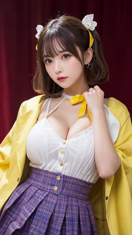 (masterpiece:1.2, Highest quality), (Realistic, photoRealistic:1.4), Beautiful illustrations, (Natural Side Lighting, Cinema Lighting), Browsing Caution,
View Viewer, (Bust up shot)、Front view:0.8, 1 girl, Japanese, high school girl, Perfect Face, Cute and symmetrical face, Shiny skin、
(Semi-short cut hair, Side Lock, Light pink hair), Parted bangs, Emerald green eyes, Long Eyelashes, (Big Breasts:0.8),
Beautiful Hair, Beautiful Face, Beautiful fine details, Beautiful clavicle, Beautiful body, Beautiful breasts, Beautiful fingers, Beautiful nipples、Beautiful armpits、Beautiful, perfectly aligned teeth、
((A cat suit with attention to detail、(Pastel yellow floral lace panties、Mini checkered pleated skirt、Black garter stockings)、Shyness、Show me your side、Spread your legs、(Open your mouth:1.3)、Red bow tie、Earrings、(topless:1.2)))、
(Outdoor、Stained glass、church)、 (Troubled face、Upward glance), (The skin is moist and wet:1.2)、(Semen is on it:1.6)、