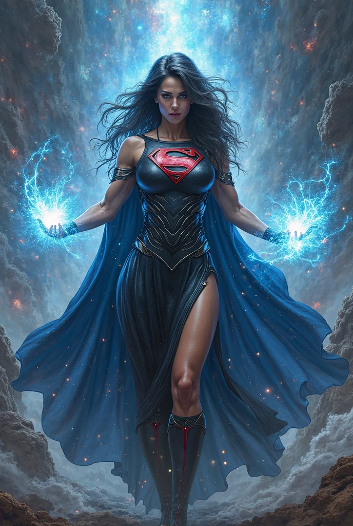 Supergirl in a cave, wet, thick thighs, Long blue hair, torch light, dragon behind, confident, majestic