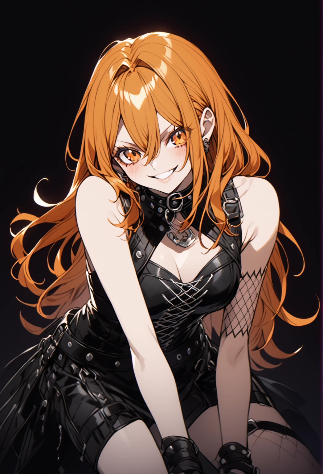 (masterpiece), (Highest quality), Highest quality, Super detailed, One person, alone, Are standing, Redhead, Long braided hair, Golden Eyes, bangs, Medium chest, tie, look, smile, (bad: 1.2), looking at the viewer, (interview: 1.3), (Dark Background, chain: 1.3) Exposing breasts,ahegao
