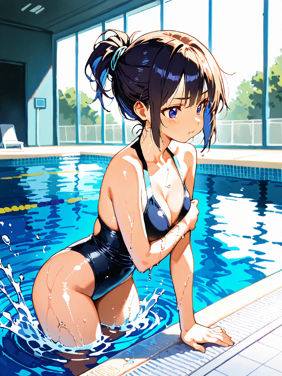 barefoot wet thicc fitness model, wet body, wet hair, waist-deep water up to the waist, bathing after a dive, glowing huge pool indoors of spaceship. in the background a window shows the glittery sky outside of the ship. exotic neon shimmering flora, bioluminescent plantlife, striking bounce light, enormous dark dimly lit room, caustic reflections of the pool ripples, caustics dappled light, dramatic, wet skin, detailed face, detailed body, stark contrast, sharp details, fine details, detailed background, dynamic, scenic, perspective, composition, rule of thirds, cinematic
