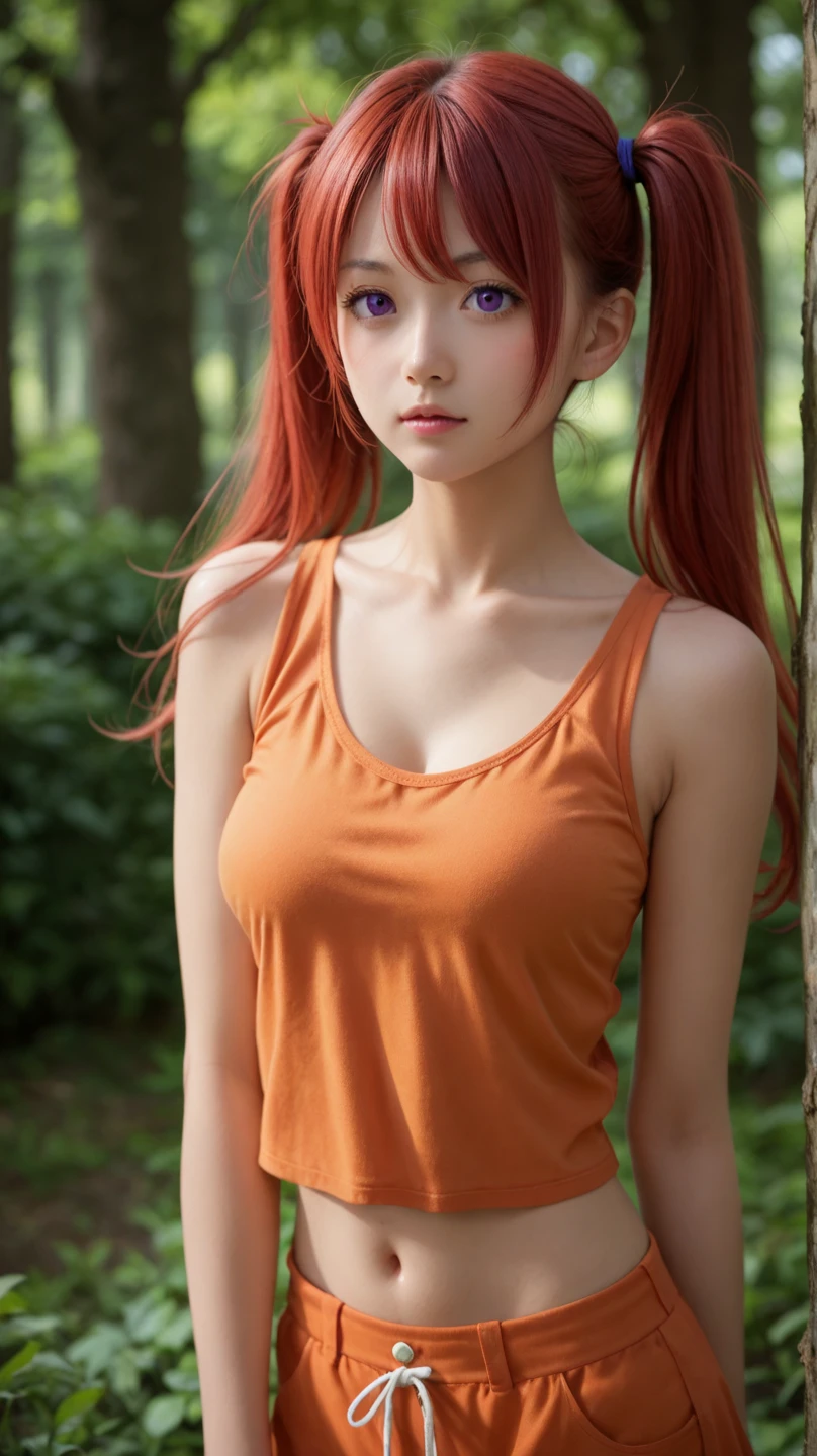 Sheer, thin tank top、Reduce milk、Transparent nipples、Fishnet tights、Transparent thin underwear、Leaning forward、Sexy pose、forest、Red Hair