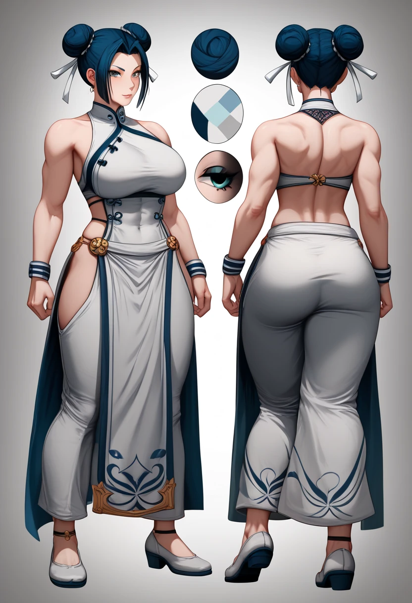 masterpiece, bestquality, ultra-detailed,
flat design, ligne claire, photorealistic,
cinematic lighting, depth of field,
1girl,
(fullbody:1.4),
(same character, three views, front view, side view, back view:1.3), from side view, from behind view,
Genre: Fantasy
Historical setting: Medieval fantasy
Name: Haruka Kazehaya
Age: 16
Gender: Female
Race/species: Human (Japanese)
Hair color/mesh: Black hair with blue mesh
Hairstyle/length/shape:very short and boyish and messy and spiked,
Bangs length/shape: Short and straight
Sideburns length/shape: Short and neat
Eye shape/eye color/pupil shape: Large brown eyes, round pupils
Height: 158cm
Body type: Slim but muscular
Physical characteristics: Small scar from teleportation
Occupation/role: Swordsman, explorer
Outfit (head): Simple leather band
Outfit (torso) Body): Practical travel clothes
Outfit (arms): Arm guards
Outfit (lower body): Durable trousers
Outfit (legs): Light leather boots
Outfit (footwear): Comfortable shoes for travel,
gigantic saggy breasts, no bra, gigantic nipples, small areola,
Clothes that are completely stuck to the chest, impossible clothes, pawg, thin thighs, thick calf, milf, mature woman, puffy lip,
standing pose,
(white background:1.2),