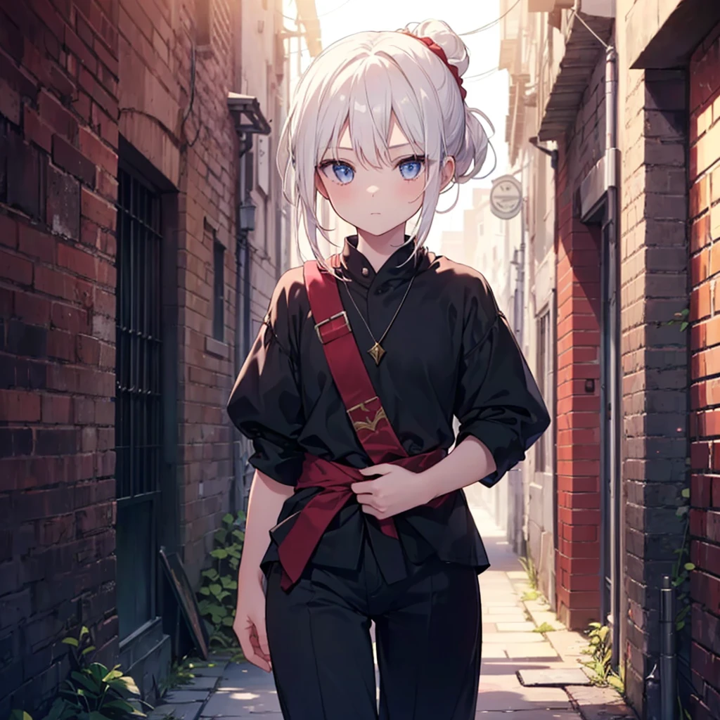  16 year old warrior girl with short white hair, yellow  eyes, red skirt, knee high leather boots, black traditional chinese imperial top to mid-abdomen, holding a warrior sword, strong slim body, but well proportioned. Ancient Chinese scenery.