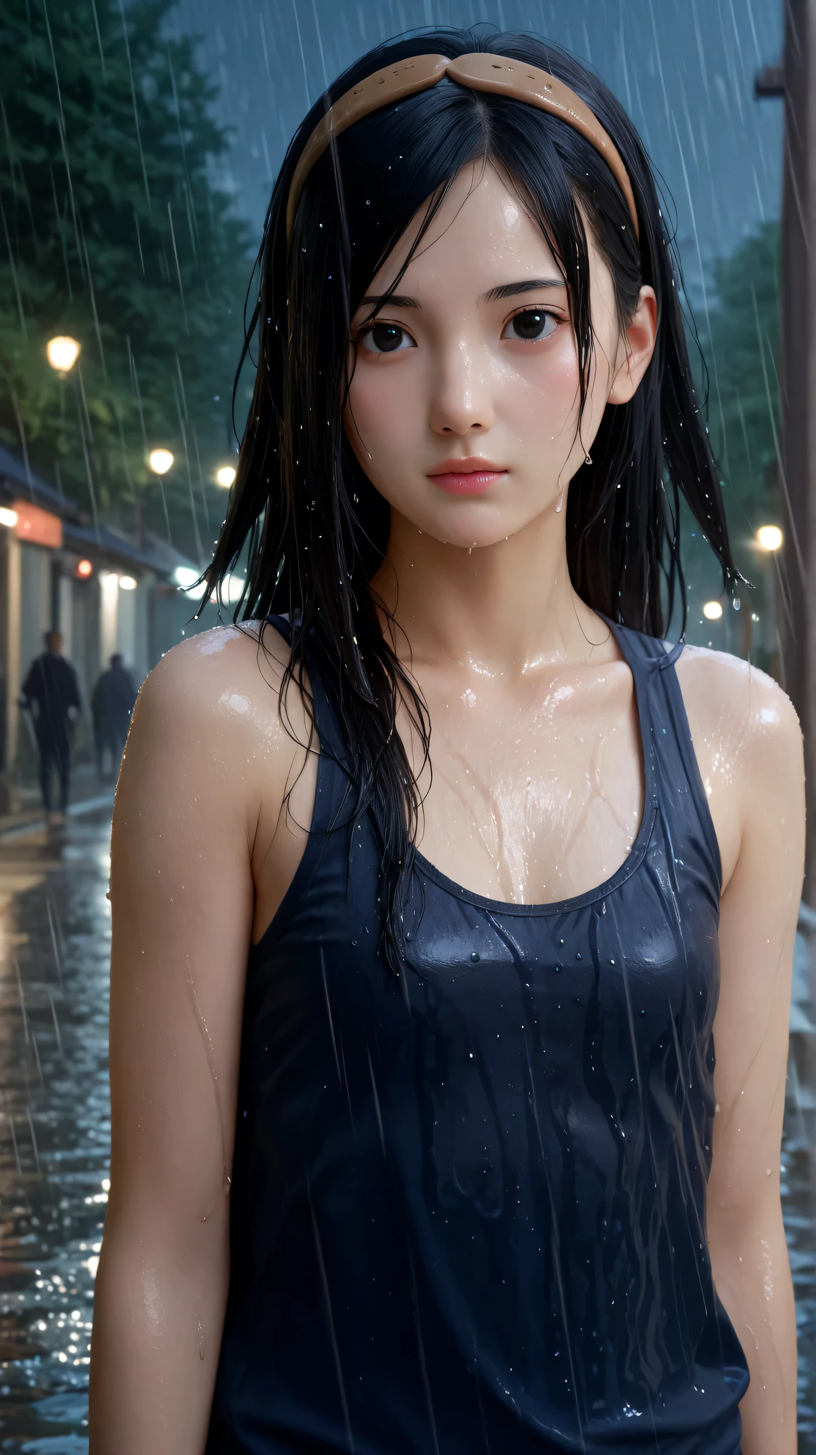 1girl, solo,hikari uchiha,black hair,long hair,outdoors,potrait,raining background,tanktop,small breast,black eyes, snowfall,bronze hairband,(wet body:1.5),night