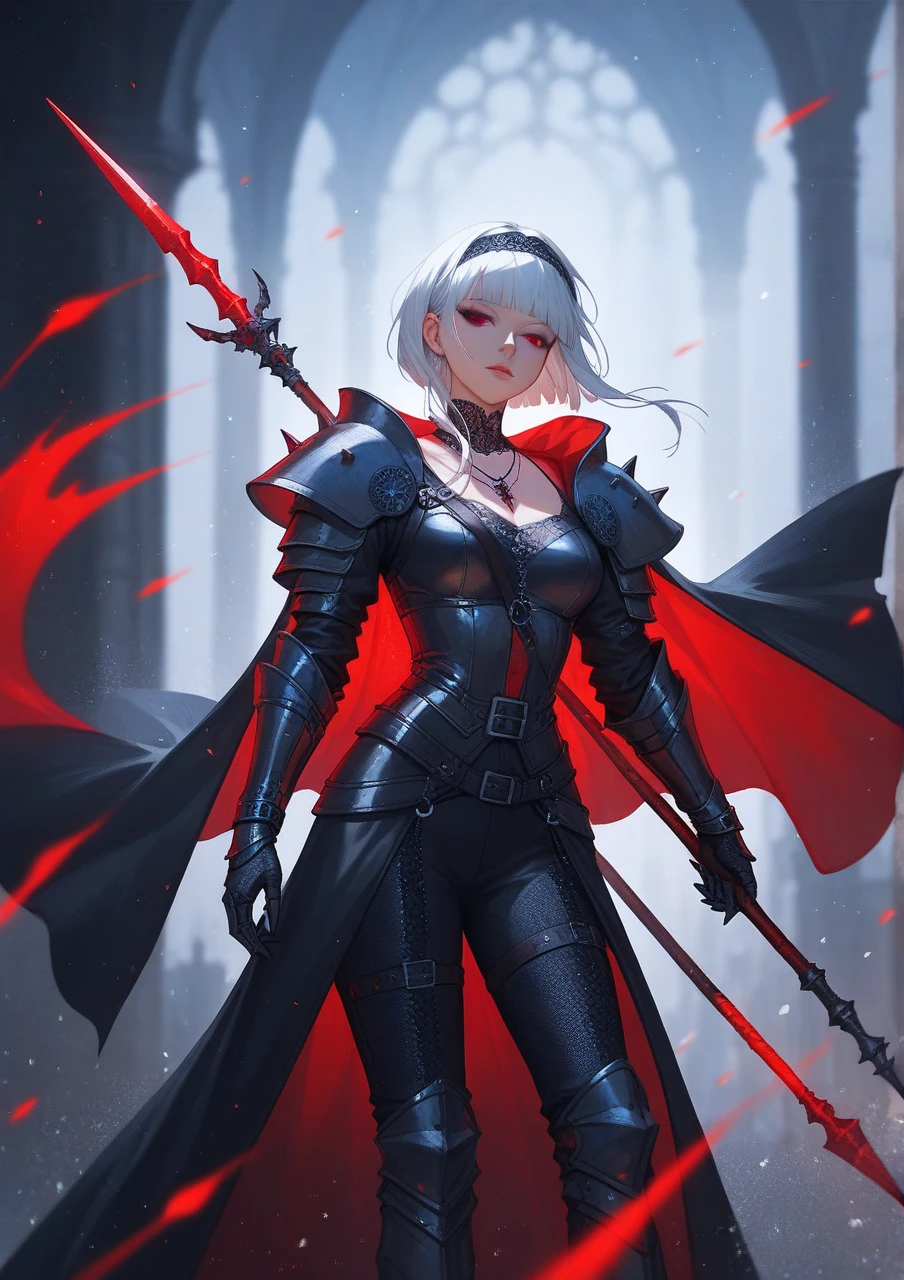 female anime character with short white hair with a sword in her left hand, there was a white demon figure with horns and red eyes, fangs on his right side, This anime wears black and red clothes, Demon Slayer Rui fanart, Demon Slayer art style, Anime badass 8 k, dari arknights, wallpaper anime 4k konachan terbaik, by Yang J, gapmoe yandere grimdark, Keqing from Genshin Impact, trending di artstation pixiv,