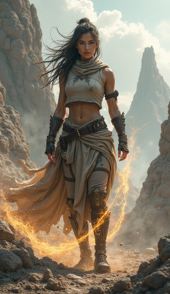 honest pure light woman standing on the edge of horizon looking at the viewer, sci fi art style of the masters, pure orange sand, scavengers from the planet Mongo searching for the portal of existence,
