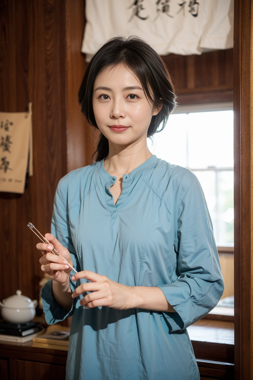 (In 8K, Highest quality, masterpiece:1.2), (Realistic, Photorealistic:1.37), Ultra-detailed, Natural light, , 1 person, 45-year-old woman, Black Hair, pendant, Trendy clothes、Less exposure, Highly detailed face and skin, Detailed eyes, Highly detailed face and skin、Take a full-body photo、color々A pose