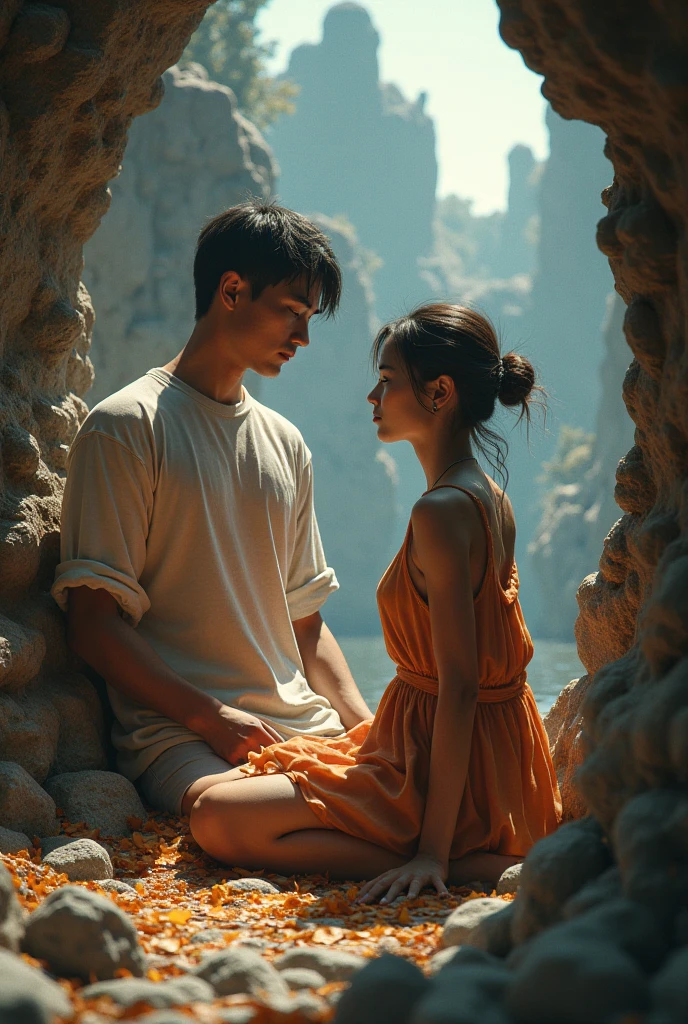 A beautiful white-skinned Thai woman stands in a cave while a young man leans down to touch her lower half, causing her body to tremble.