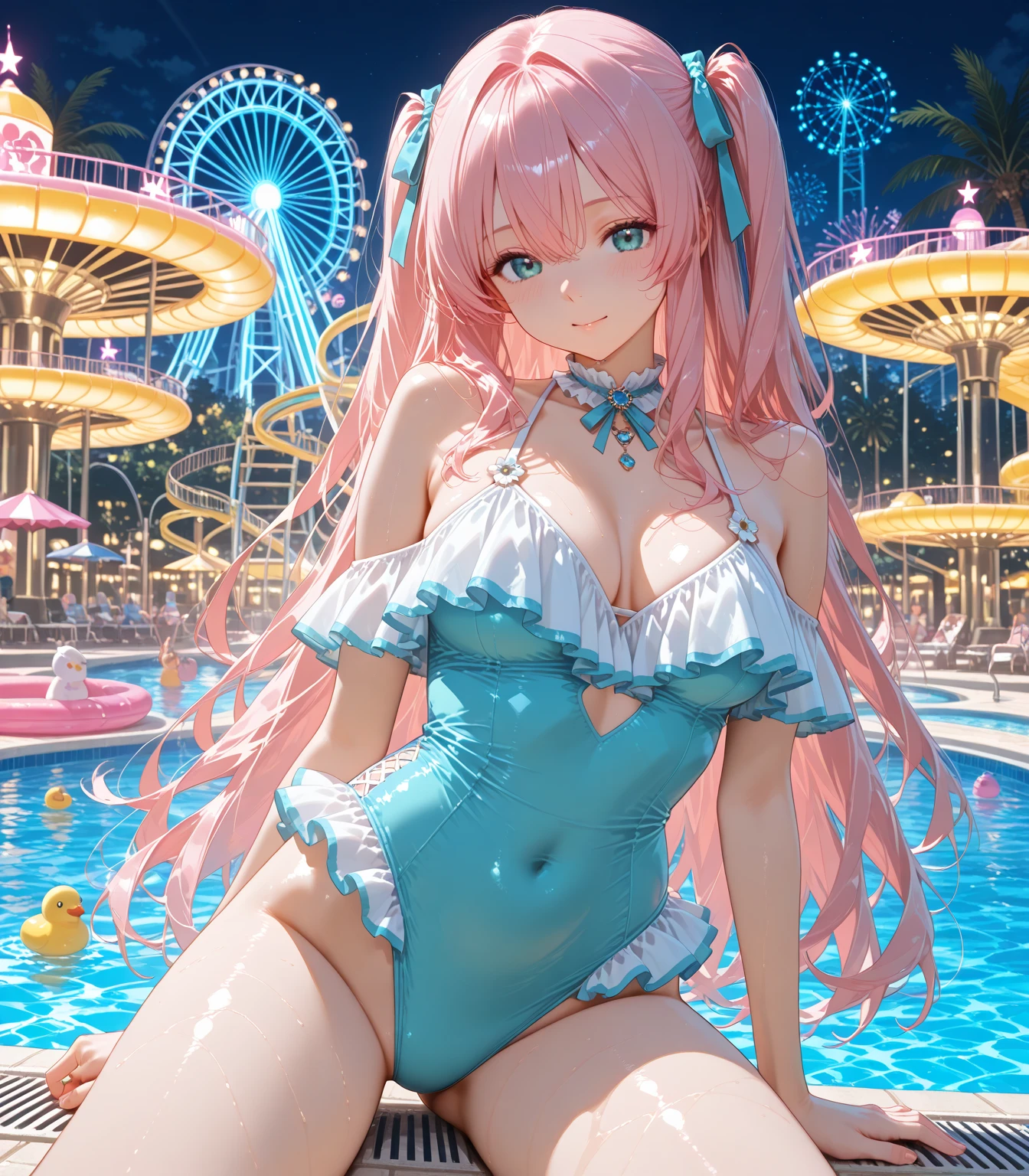 ((Dipping her toes in the dazzling lights lake))Is a elf with blue mix pink eyes. MEDIUM LEGTH pink blonde mix hair. pink and Blue diamond pendant croset with black skirt. Lacey black stockings