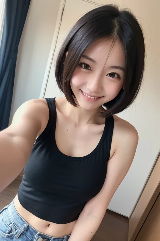 One girl, one girl, one person, japanese girl, mischievous smile, devilish smile, grinning smile, Japanese girl, 20 year old girl, beautiful, pretty face, cute face, mischievous expression, tank top, tank top, short hair