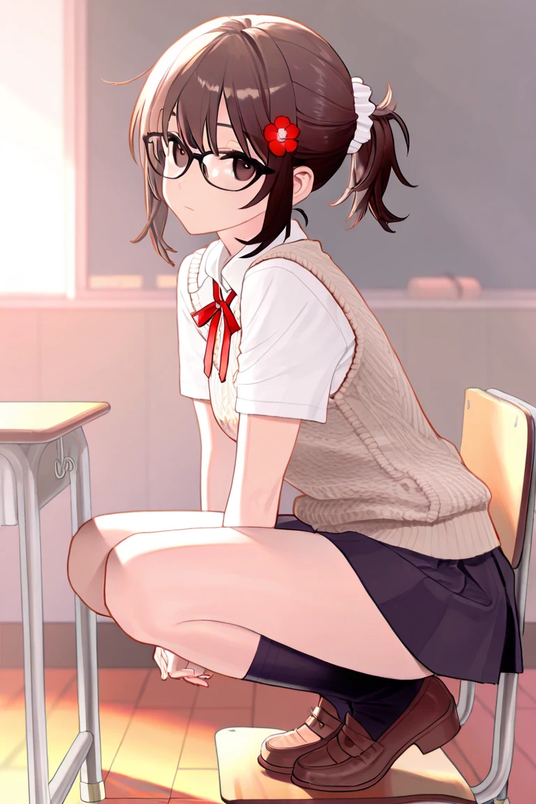 Beautiful Japan woman in golf clothes, real person, detailed body, squatting, live action, glasses, skirt flipping, office lady, ((best quality)), ((masterpiece)), (detailed), perfect face,