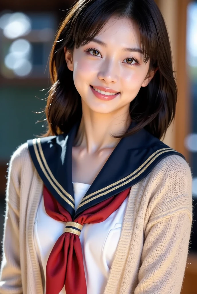 highest quality, masterpiece, Ultra-high resolution, (Realistic:1.6), (Portrait on all fours) RAW Photos, 1 girl, 20-year-old,((Miniskirt Uniform)),((short hair)),((Wear a bandana on your head)),((Looking up at the audience)),Realistic,((Background)), Image Media Chest)),((Smiling with teeth showing)),