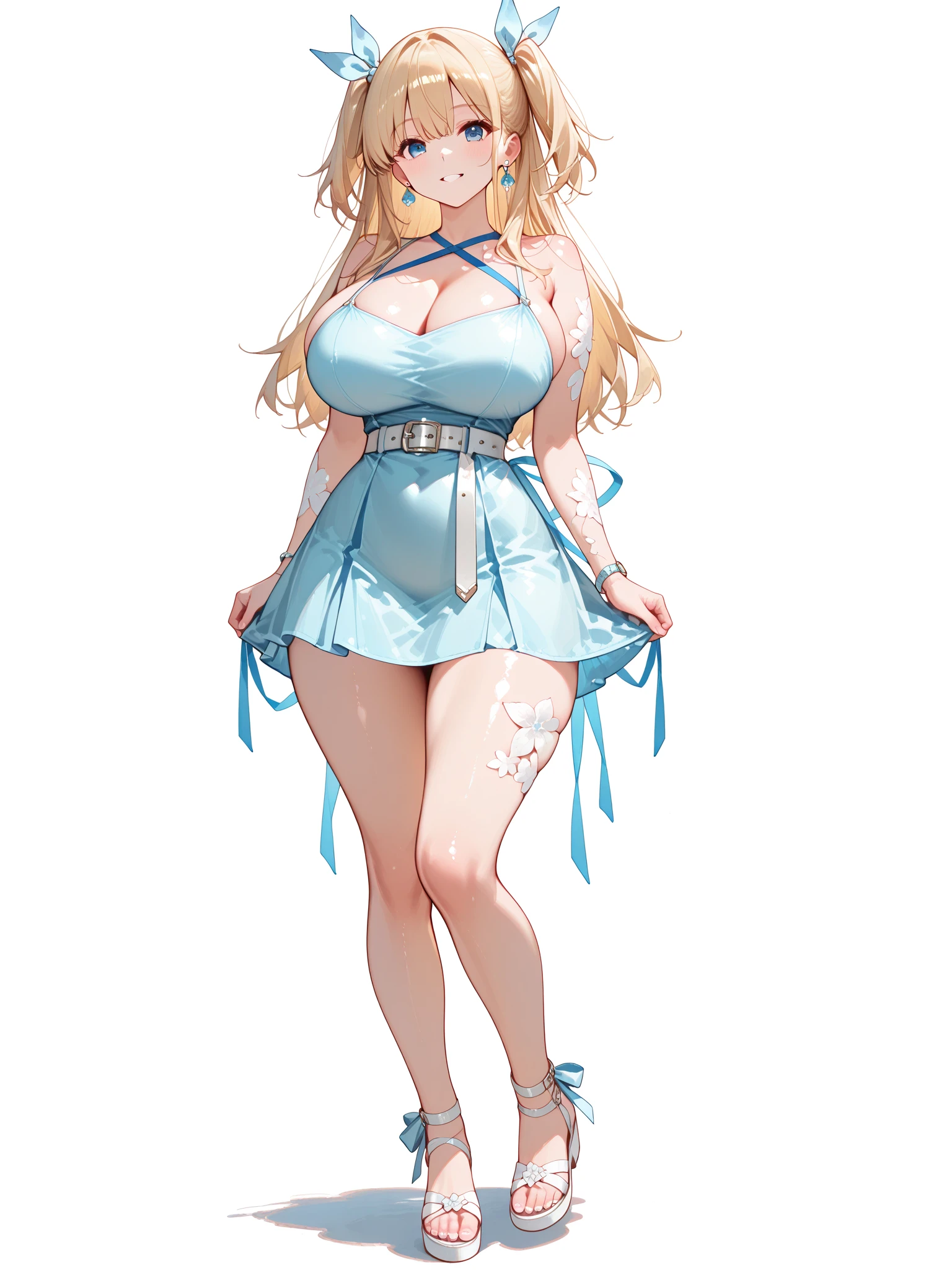 blue eyes,long eyelashes,frilly baby blue bikini,medium breasts,wide hips,bishoujo,curls,fringe bangs,fullbody,masterpiece,highres,blonde,long hair,standing, bikini skirt,